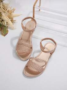 Sandal Tenun Ukuran Besar Gaya Eropa dan Amerika, Sandal Pantai Datar Wanita untuk Musim Panas, Perlengkapan Liburan Penting - Rose Gold - View 6