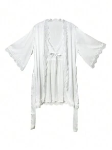 Crystal Vow Women's Solid Color Lace Patchwork Sleepwear Set Pajama Set, Including Camisole And Robe White Set - White - View 6