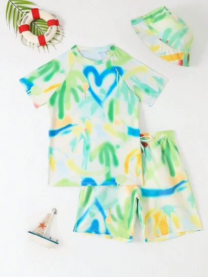 Tween Boys' Colorful Ink Printed Short Sleeve Shirt And Shorts Set