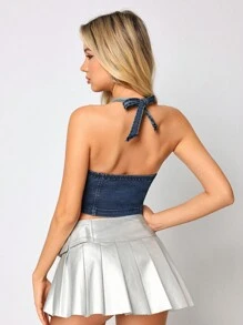 Women's Fashionable Gradient Front Buttoned Denim Top With Backless & Neck Hanging Design, Summer - Blue - View 2