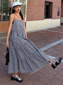 DAZY 女士休闲格子印花夏日假日细肩带连衣裙太阳裙 - 藏蓝色 - 查看 3