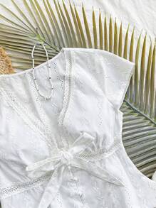 Soleia WYWH Vacation Women's Leisure Seaside Beach Vacation Spliced Lace Embroidered V-Neck Shirt