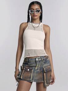 SHEIN EZwear Áo len dệt kim xuyên thấu rách bất đối xứng phong cách đường phố dành cho nữ, đa năng - trắng - Xem 6