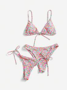SHEIN Swim Women's Summer Beach Ditsy Floral Sexy Bikini Set - Multicolor - View 5