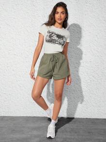 SHEIN EZwear 2 条装纯色松紧腰系带斜口袋短裤