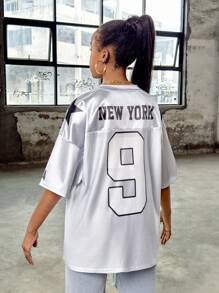 SHEIN Leap Crew Camiseta casual de manga corta con cuello en V para adolescente con ajuste cómodo y parche digital impreso en patchwork - Gris - Ver 2