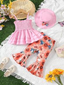 SHEIN 時尚嬰兒女夏季套裝：背心上衣+印花褲子+帽子，3件套組 - 粉色 - 查看 2