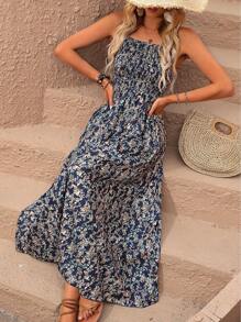 SHEIN LUNE Đầm Maxi In Hoa Ditsy Trang Phục Nữ - Màu xanh hải quân - Xem 7