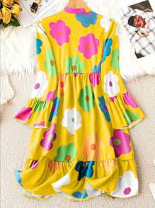 SHEIN Lady 女士春夏時尚休閒花卉印花燈籠袖連衣裙，配有V領及綁帶設計