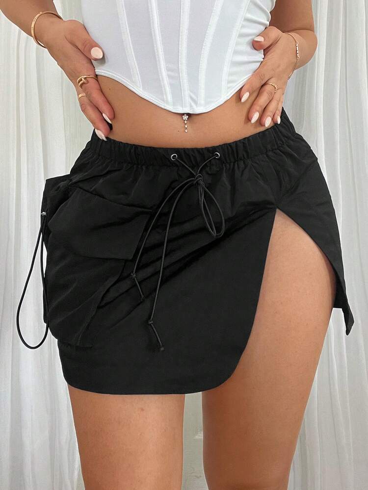 Summer Women's Workwear Three-Dimensional Pocket Slit Drawstring Low-Waist Women's Skirt