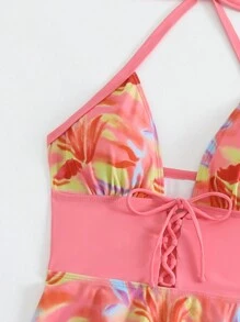 SHEIN Slayr Women's Full Print Lace Up Neck Halter Bikini Set With Swim Dress And Triangle Bottoms, Summer Beachwear - Multicolor - View 4