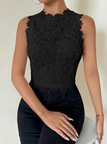 SHEIN Privé 女式蕾絲修身無袖圓領白色背心，優雅適用於度假、浪漫和婚禮季節 - 黑色 - 查看 6