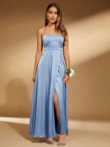 SHEIN Belle Women's Solid Color Wrap Split Backless Bridesmaid Dress Elegant Dress - Blue - View 2