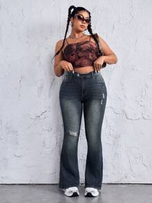 SHEIN EZwear Quần jean ống loe cỡ lớn thông thường với thiết kế đau khổ và giặt sạch - Màu xanh lam - Xem 3