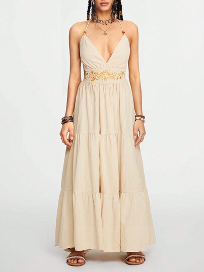 Hippie Robe d'été à bretelles femme style casual à ligne A avec broderie étoiles et lune