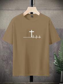 Manfinity Homme Áo thun nam tay ngắn cổ tròn in chữ thập mùa hè - màu nâu - Xem 2