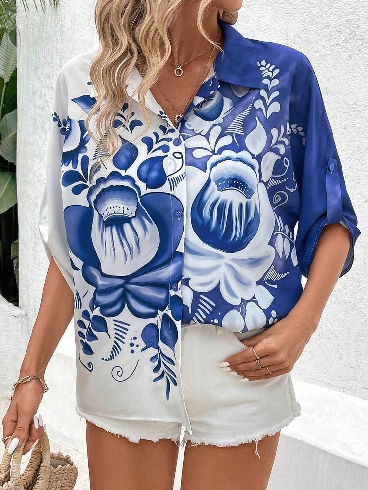 Women's Floral Printed Roll-Up Sleeve Vacation/Leisure Shirt