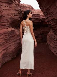 GENKIRA Vacation-Style Net Color Spaghetti Strap Beaded Rope Dress - Apricot - View 4