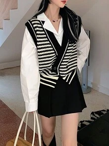 V-Neck Casual Colorblock Striped Knit Vest Cardigan, Spring Autumn - Black and White - View 4