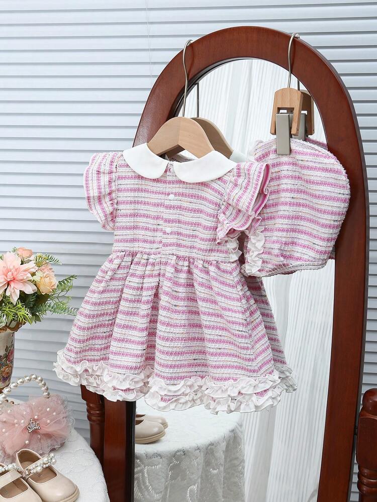 Baby Girl Striped Ruffle Trim Peter Pan Collar Dress With Hat, Cute