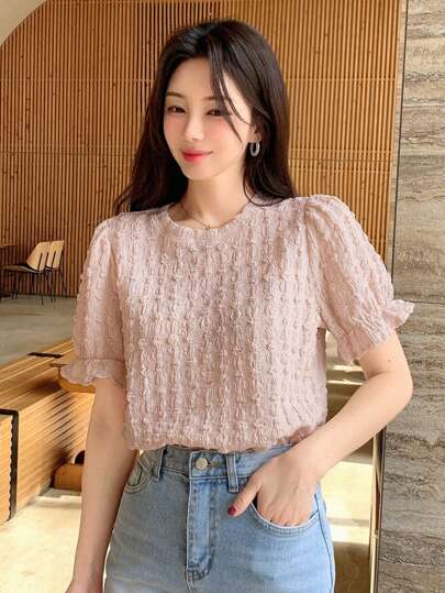 DAZY 纯色纹理泡泡袖修身女式短袖T恤夏季，荷叶边