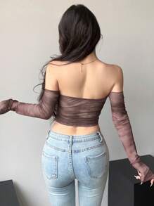 DAZY Áo trễ vai tay dài, dáng croptop lưới mỏng nhuộm tie-dye dành cho nữ, áo đi chơi lễ hội mùa hè, áo trễ vai, quần áo trở lại trường - màu nâu - Xem 2