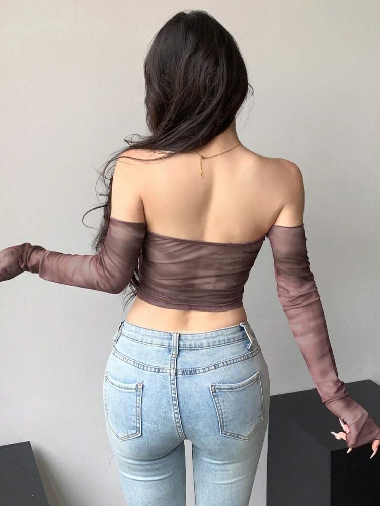 Tie Dye Sheer Mesh Cropped Off-Shoulder Long Sleeve Women's Top Going Out Tops Festival Summer,Off Shoulder Top,Back To School Clothes