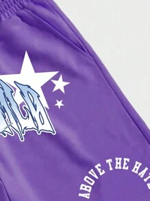 ROMWE MEN Prep 男士抽绳腰休闲短裤，带字母和星星印花设计，带口袋，学校 - 紫色 - 查看 3