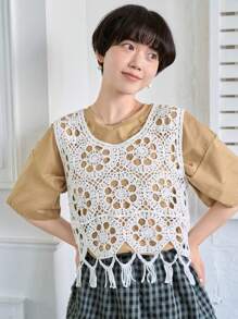 FRIFUL Women's Fashionable Summer Sweet Fringed Knit Top - White - View 3