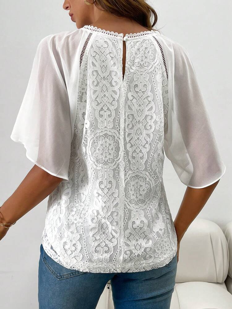 Elegant Lace Patchwork Chiffon Short Sleeve Blouse For Women, Spring/Summer