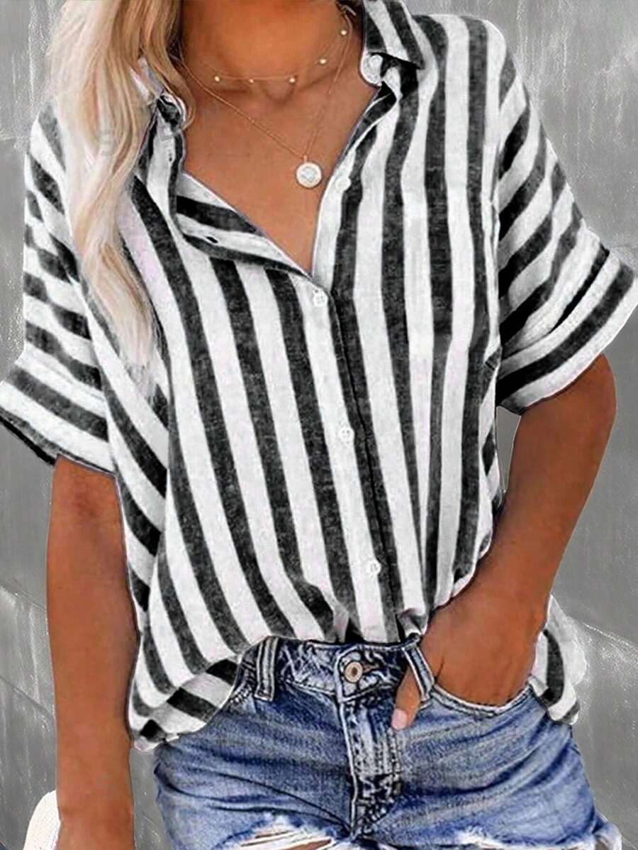 SHEIN LUNE Camisa de mujer de manga corta con rayas y estampado en bloques de color - Negro - Ver 1