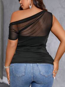 Allurite Plus Size Women's Summer Mesh Splicing Solid Color Asymmetric Neckline Slim Fit Top