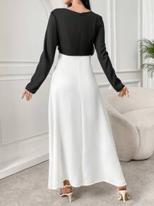Modelyn Abito estivo da donna elegante a tubino con davanti con torsione e colori a contrasto, maniche lunghe