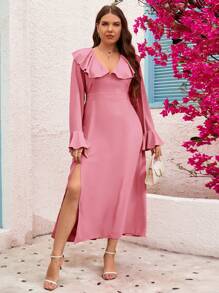 SHEIN Clasi Vestido Dividido Con Dobladillo Con Volantes Y Mangas Acampanadas Elegante De Primavera/verano De Talla Grande - Rosa - Ver 5