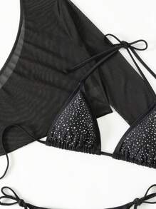 Swim EVENT Rhinestone Decor Halter Triangle Cup Bikini Swimwear Set,Summer Beach - Black - View 7