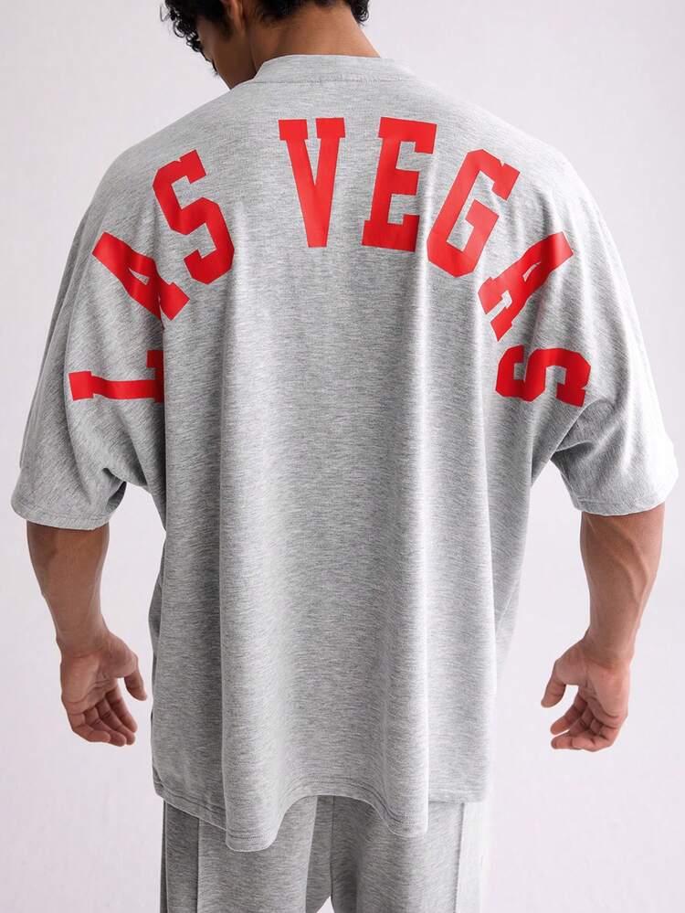 Men's Oversized T-Shirt With V-Neck In Gray With Back Print