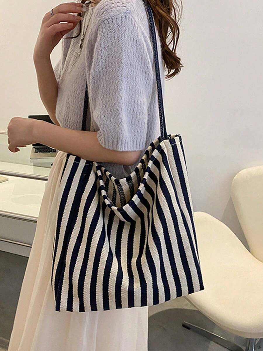 1Pc Striped Print Casual Canvas Bag, Large Capacity Portable Shoulder Bag, Simple Design Shopping Tote Bag, Women Portable Shoulder Bags Large Capacity Canvas Bag Shopping Underarm Simple Striped Totes,Back To School - Navy Blue - View 1