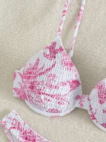 SHEIN Swim 女士夏季海灘印花露背性感比基尼套裝，花朵印花，隨機 - 粉色 - 查看 3