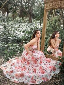 Faeriesty Floral Printed Tube Corset Prom Dress - Pink - View 8