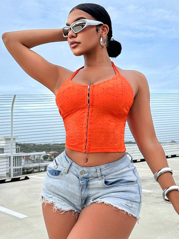 Women's Solid Color Hollow Out Embroidered Halterneck Summer Sexy Backless Tank Top
