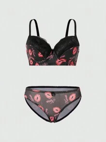 Conjunto de lencería sujetador y braguita con aros y estampado de labios - Negro - Ver 3