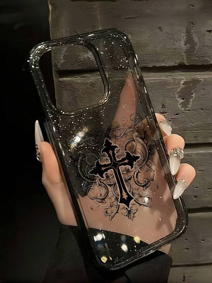 Our 1pc Gothic Style Cross Pattern Transparent Glitter Phone Case,  Halloween is such a vibe - ROMWE