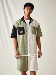 Manfinity VCAY Men's Fashionable Woven Casual Patchwork Letter Printed Casual Short Sleeve Shirt And Shorts Set, Daily Wear - Multicolor - View 1