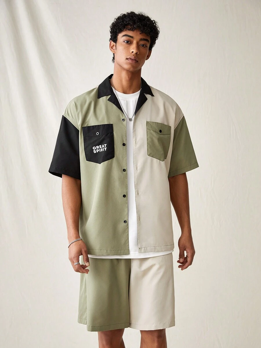 Manfinity VCAY Men's Fashionable Woven Casual Patchwork Letter Printed Casual Short Sleeve Shirt And Shorts Set, Daily Wear - Multicolor - View 1