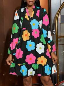 Zolique Floral Print Ruffle Sleeve Shirt Dress