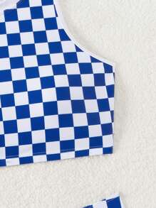 Women's Summer Beach Gingham Round Neck Bikini Set, Random Print - Blue and White - View 6