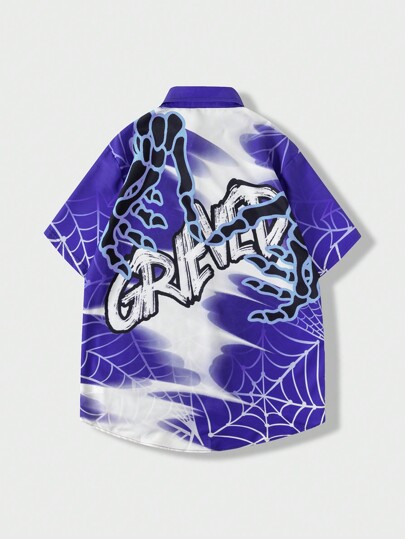 Street Life Camicia casual estiva da uomo a maniche corte con stampa di ragnatela e alfabeto, tema Ognissanti