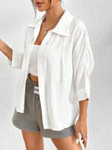 SHEIN PETITE Spring White Solid Batwing Sleeve White Shirt,Three Quarter Sleeve Tops