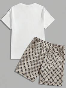 GENTILAND Men's 2pcs Knitted Letter Printed Crew Neck Short Sleeve T-Shirt & Casual Fit Shorts Set, Suitable For Daily Wear, Spring/Summer - Multicolor - View 2