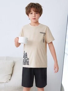 SHEIN Tween Boy Summer Simple Casual Letter Printed Short Sleeve T-Shirt And Shorts Flame Retardant Casual Comfortable Home Sleepwear 2pcs/Set - Multicolor - View 4